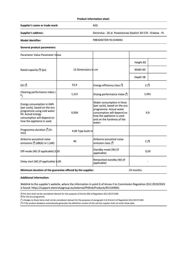 Página 1 del manual Ficha técnica AEG FBB32607ZW
