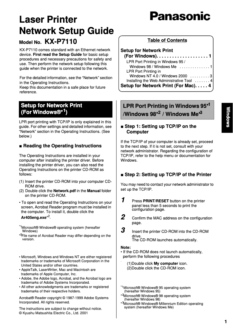 Page 1 de la notice Manuel utilisateur Panasonic KX-P7110