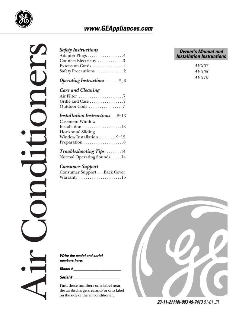 Page n°1 - Manuel d'utilisation et d'entretien GE AVX10AD