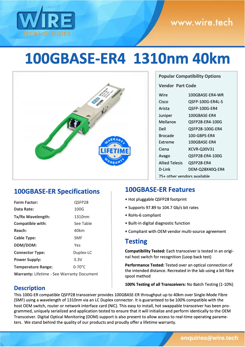 Page n°1 - Manuel utilisateur Wire Technologies 100 GBPS-ER4-WR