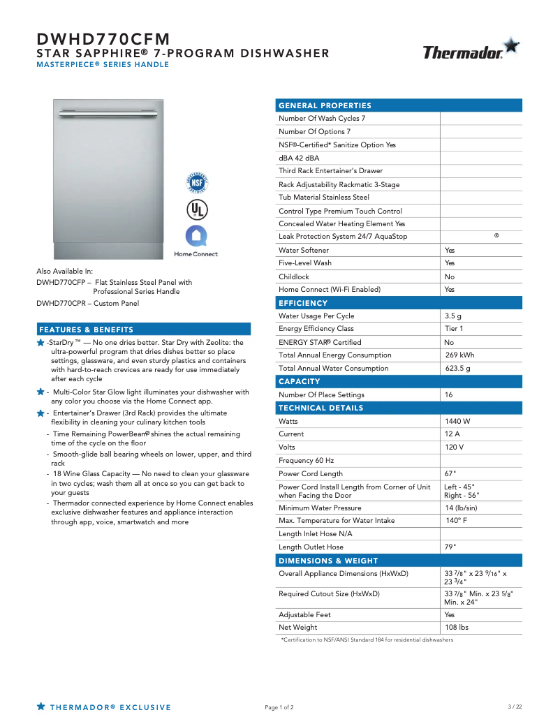 Page n°1 - Fiche technique Thermador DWHD770CFM