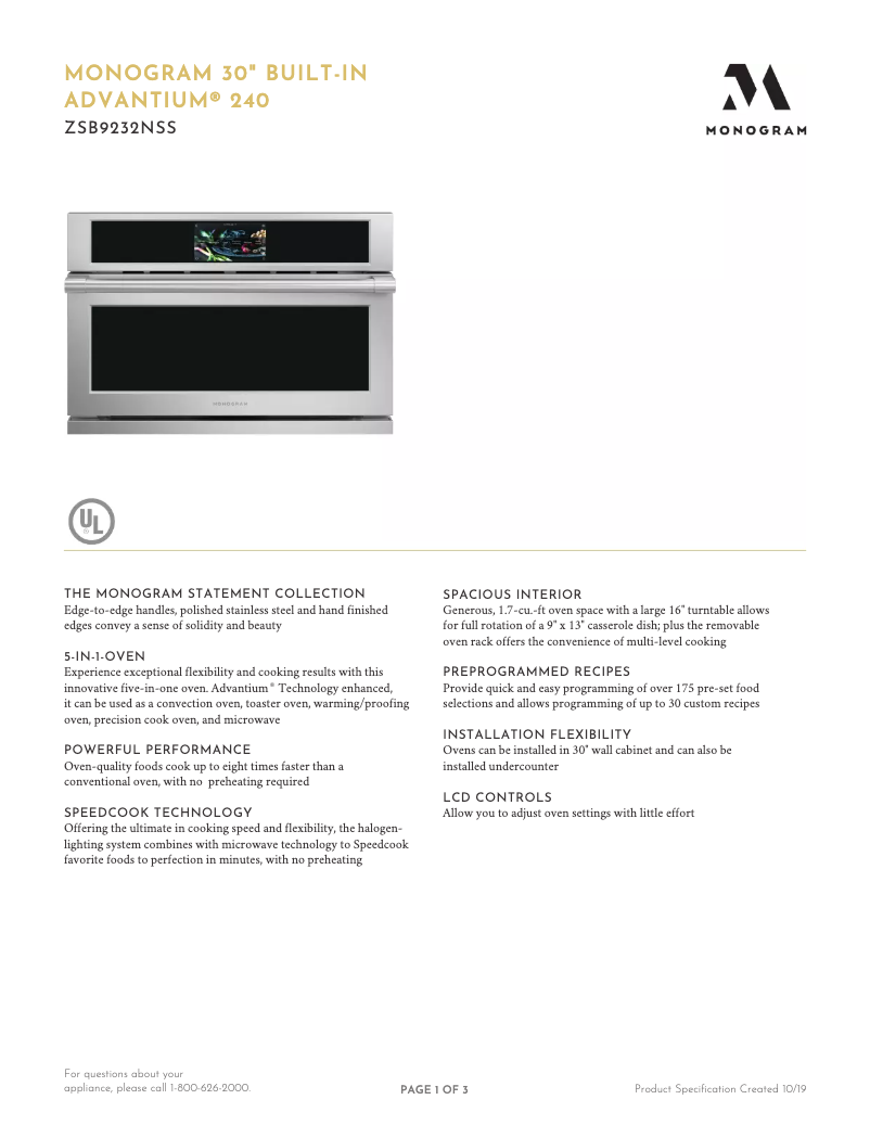 Page 1 de la notice Fiche technique Monogram ZSB9232NSS