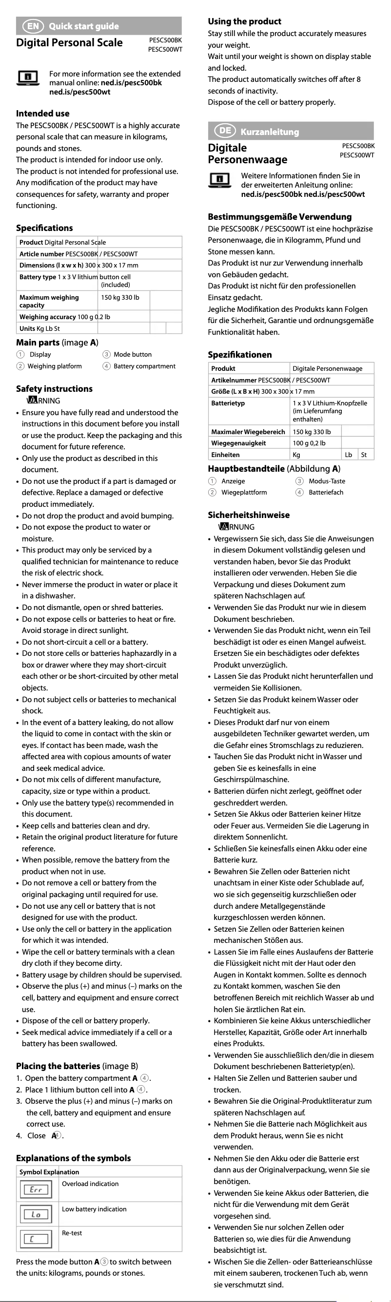 Page 1 de la notice Manuel utilisateur Nedis PESC500BK