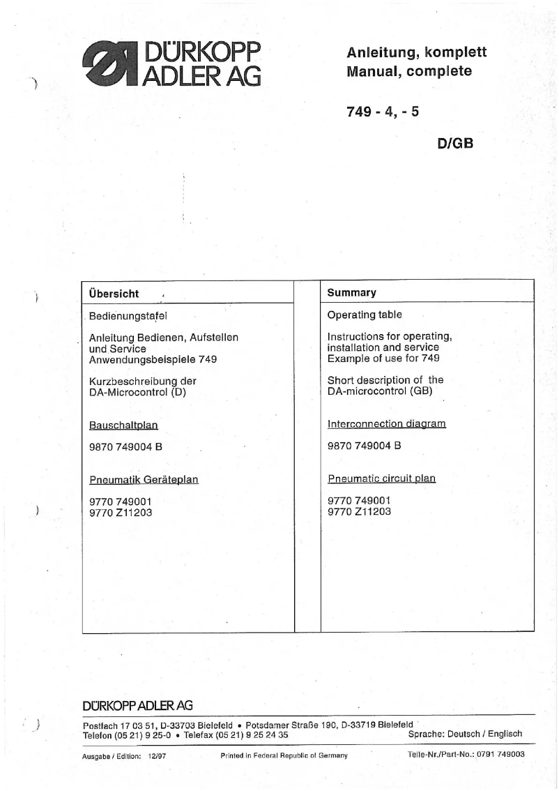 Page n°1 - Manuel utilisateur Dürkopp Adler 749-5