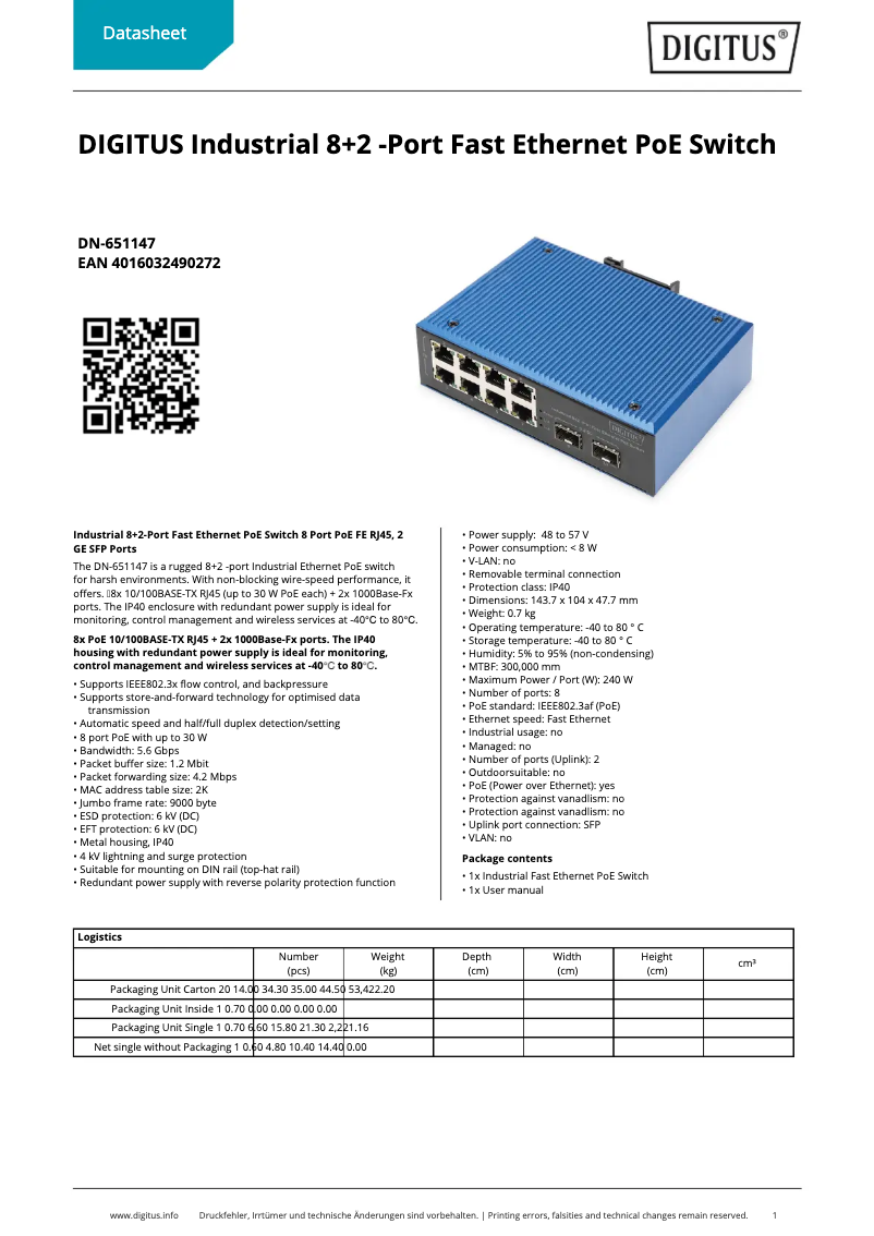 Page 1 de la notice Fiche technique Digitus DN-651147