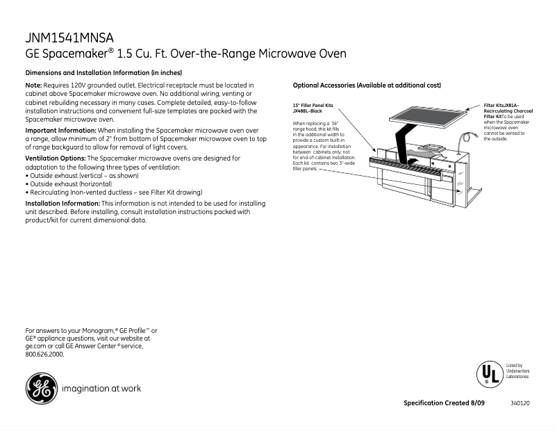 Page 1 de la notice Fiche technique GE JNM1541MNSA