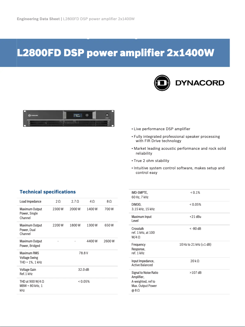 Page 1 de la notice Fiche technique Dynacord L2800FD DSP