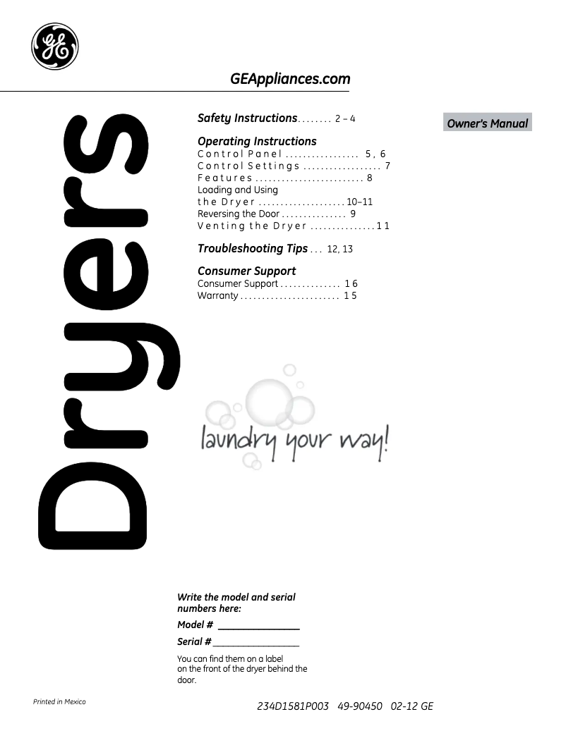 Page n°1 - Manuel d'utilisation et d'entretien GE GTDP250EMWW
