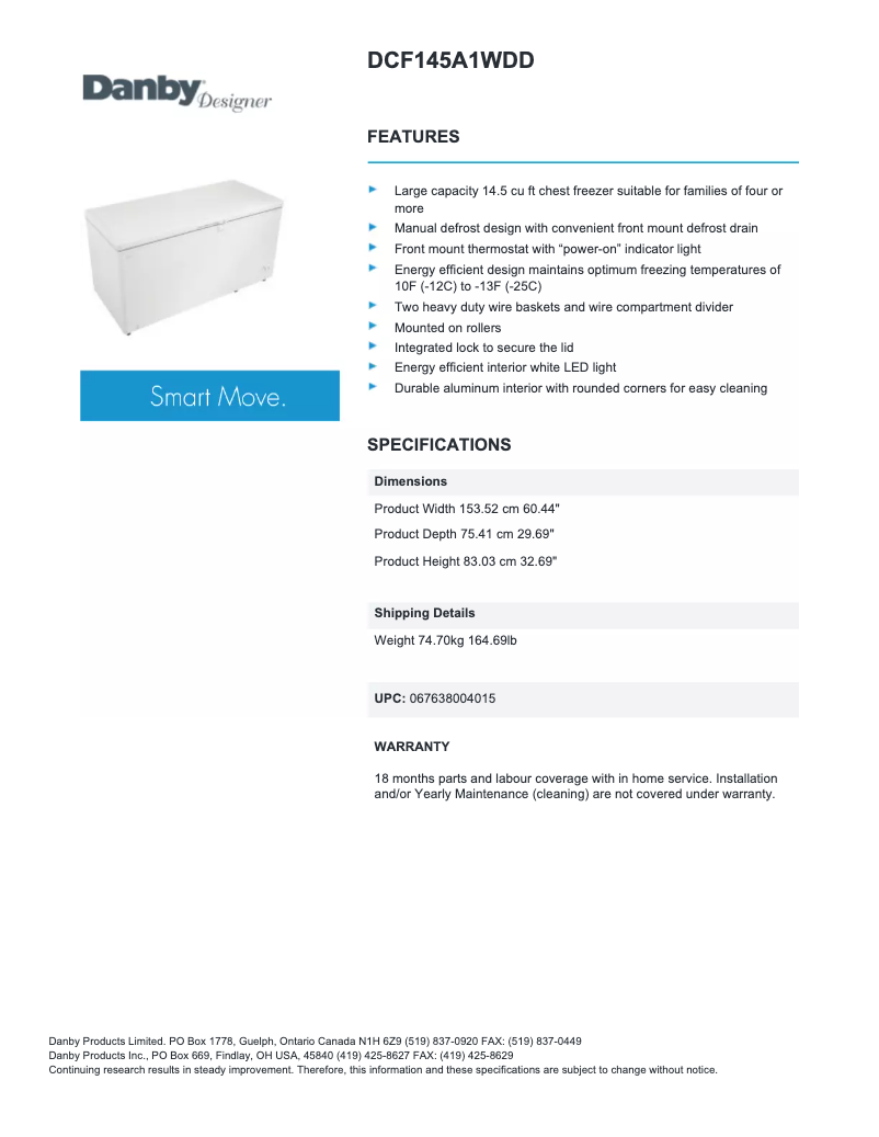 Page 1 de la notice Fiche technique Danby DCF145A1