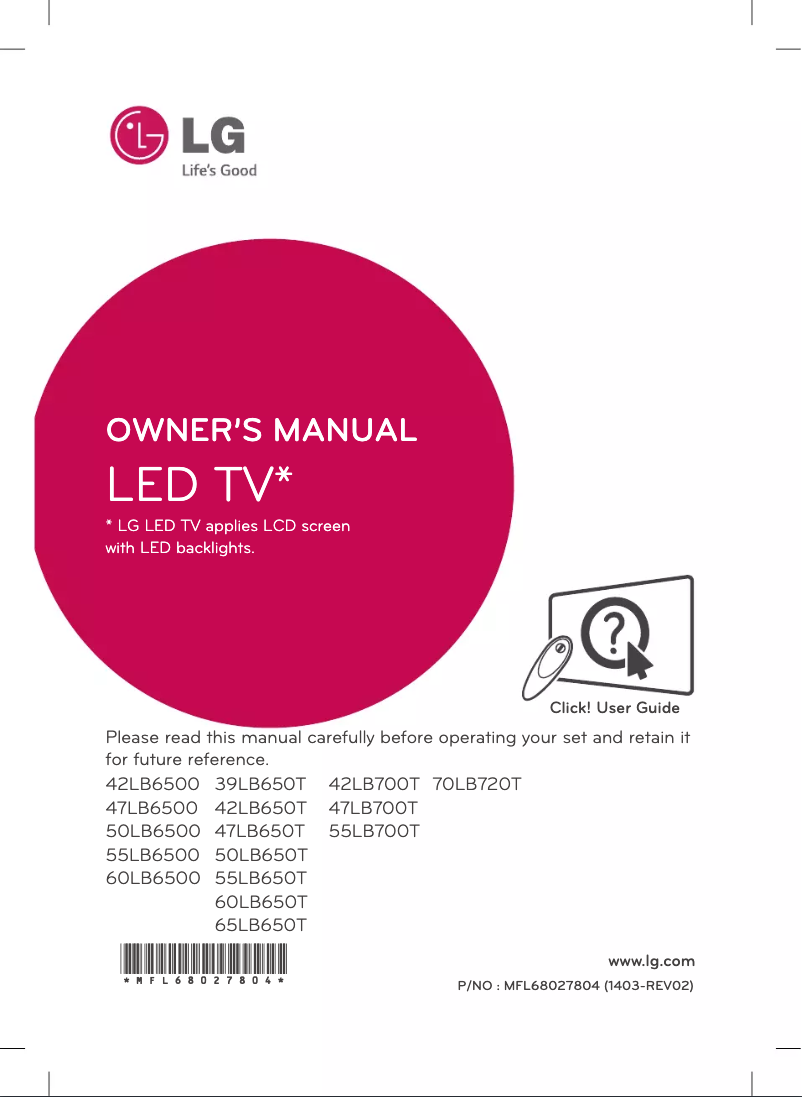 Page 1 de la notice Manuel utilisateur LG 39LB650T