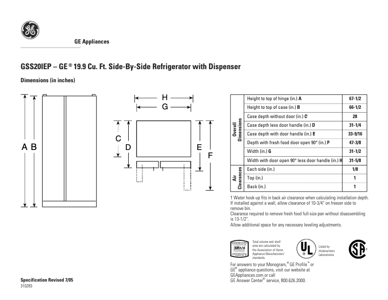 Page 1 de la notice Fiche technique GE GSS20IEPCC