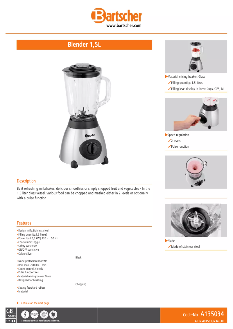 Page n°1 - Fiche technique Bartscher A135034