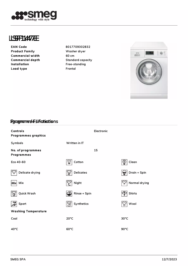 Page 1 de la notice Fiche technique Smeg LSF147E