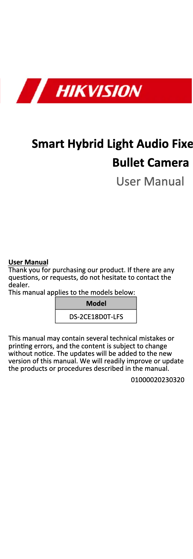 Page n°1 - Manuel utilisateur Hikvision DS-2CE18D0T-LFS
