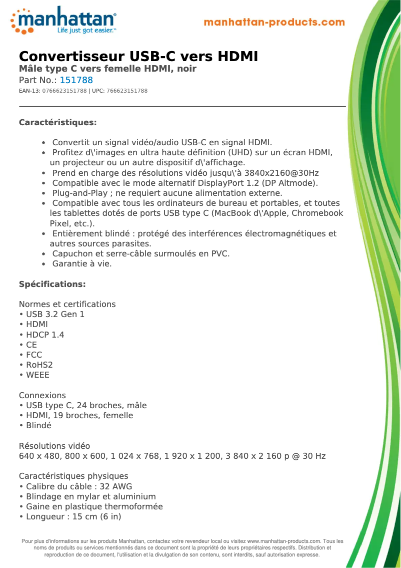 Page 1 de la notice Fiche technique Manhattan 151788