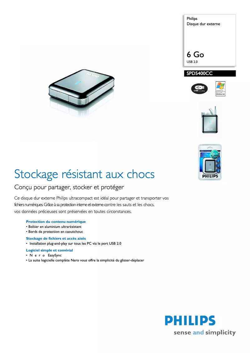 Page 1 de la notice Fiche technique Philips SPD5400