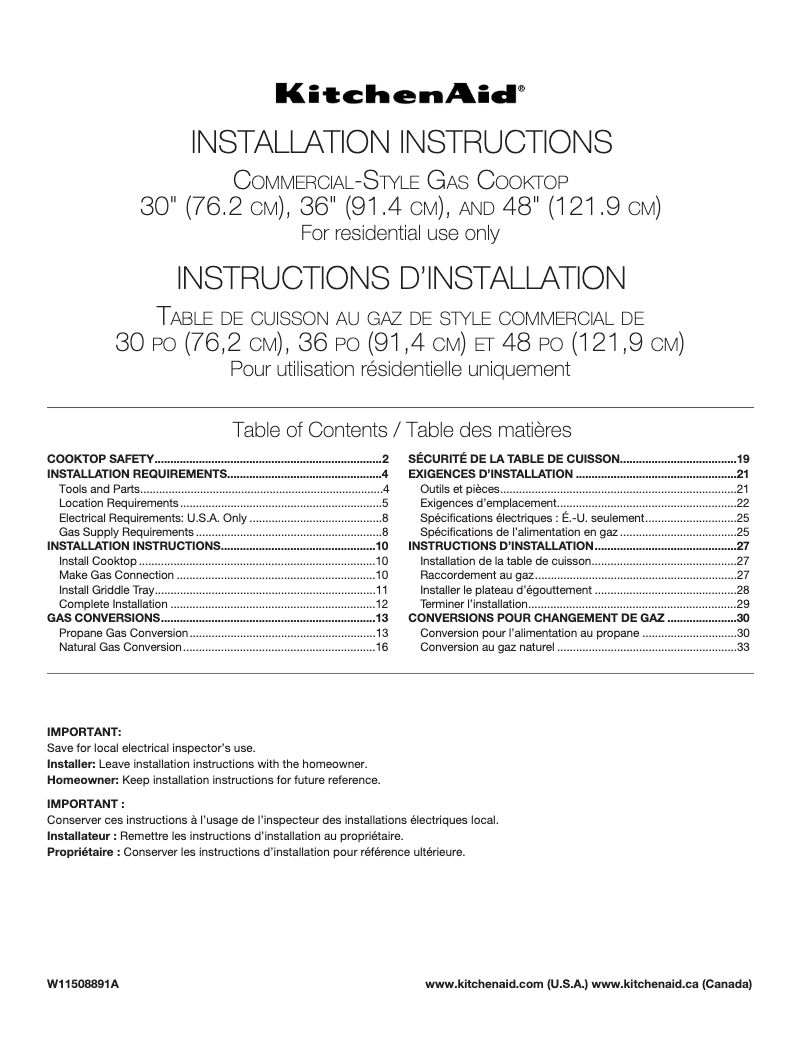 Página 1 del manual Guía de instalación KitchenAid KCGC500JSS