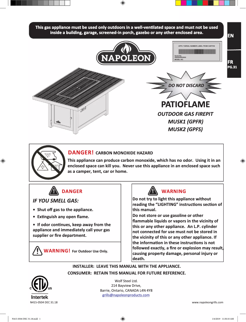 Page 1 de la notice Manuel utilisateur Napoleon MUSK2-BZ