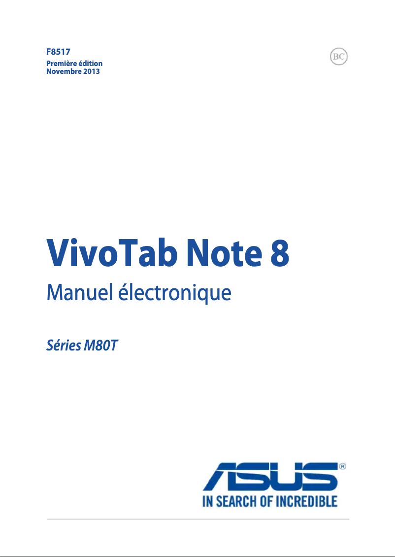 Page 1 de la notice Manuel utilisateur Asus VivoTab Note 8