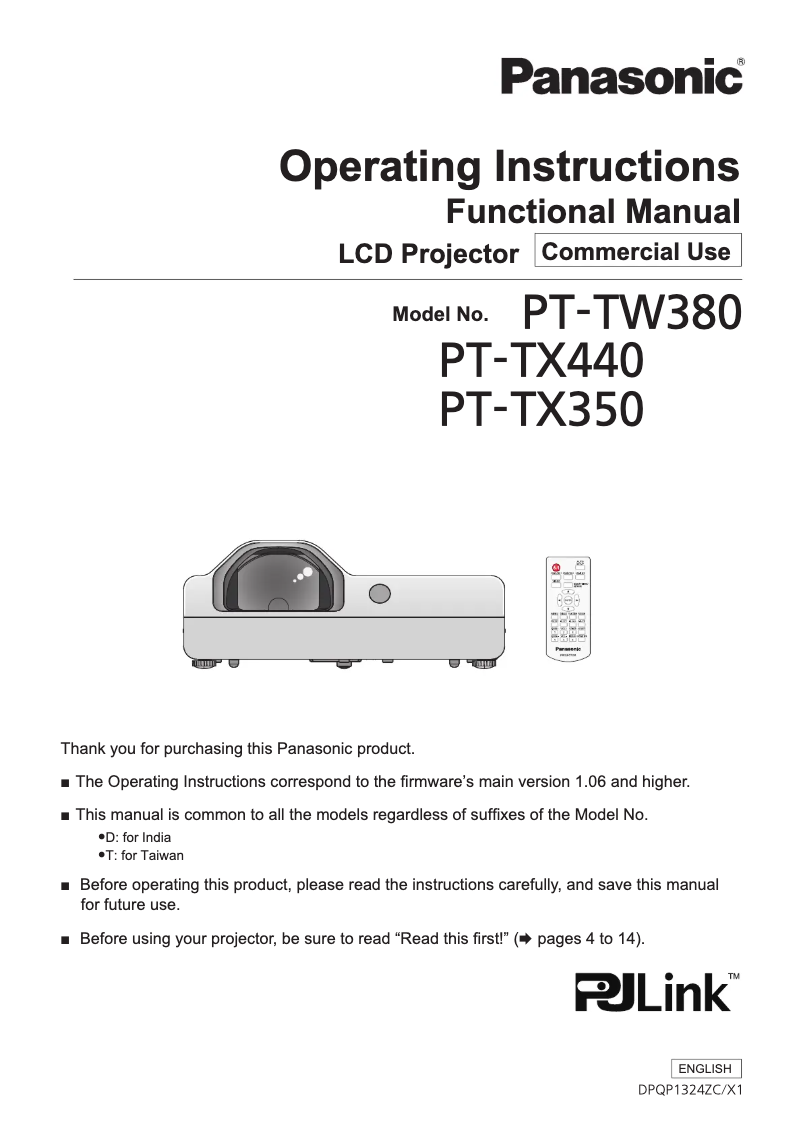 Page 1 de la notice Manuel utilisateur Panasonic PT-TW380