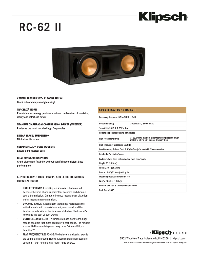 Page n°1 - Fiche technique Klipsch RC-62 II