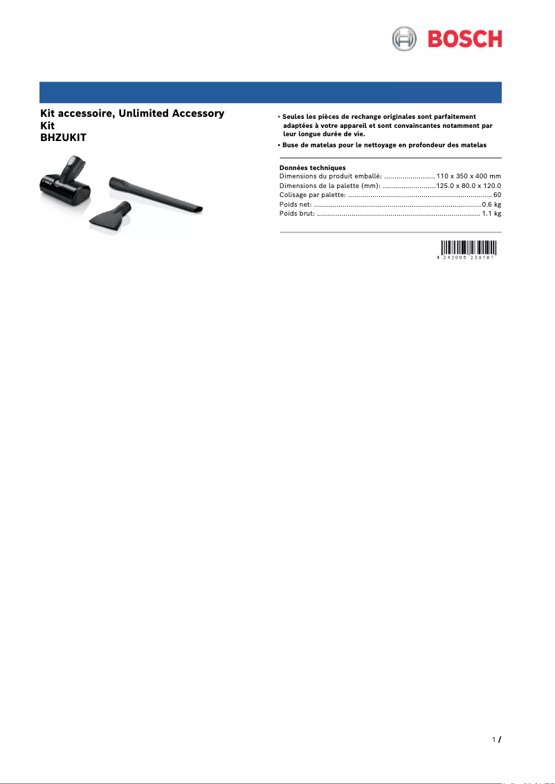 Page 1 de la notice Manuel utilisateur Bosch BHZUKIT