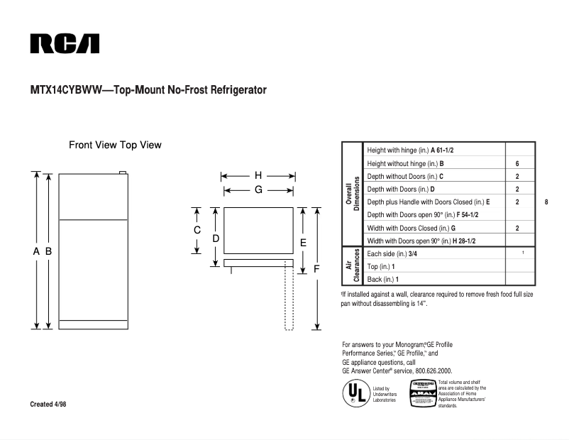 Page n°1 - Fiche technique RCA MTX14CYBWW