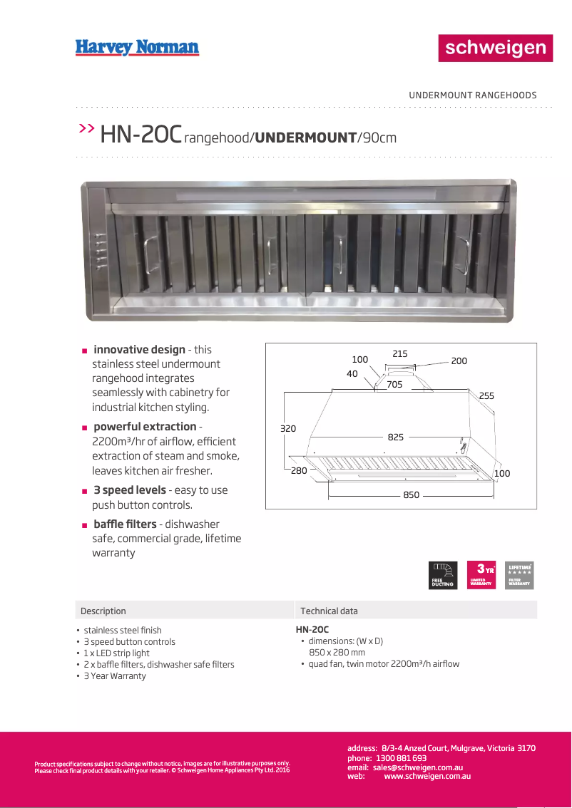 Page 1 de la notice Fiche technique Schweigen HN-20C