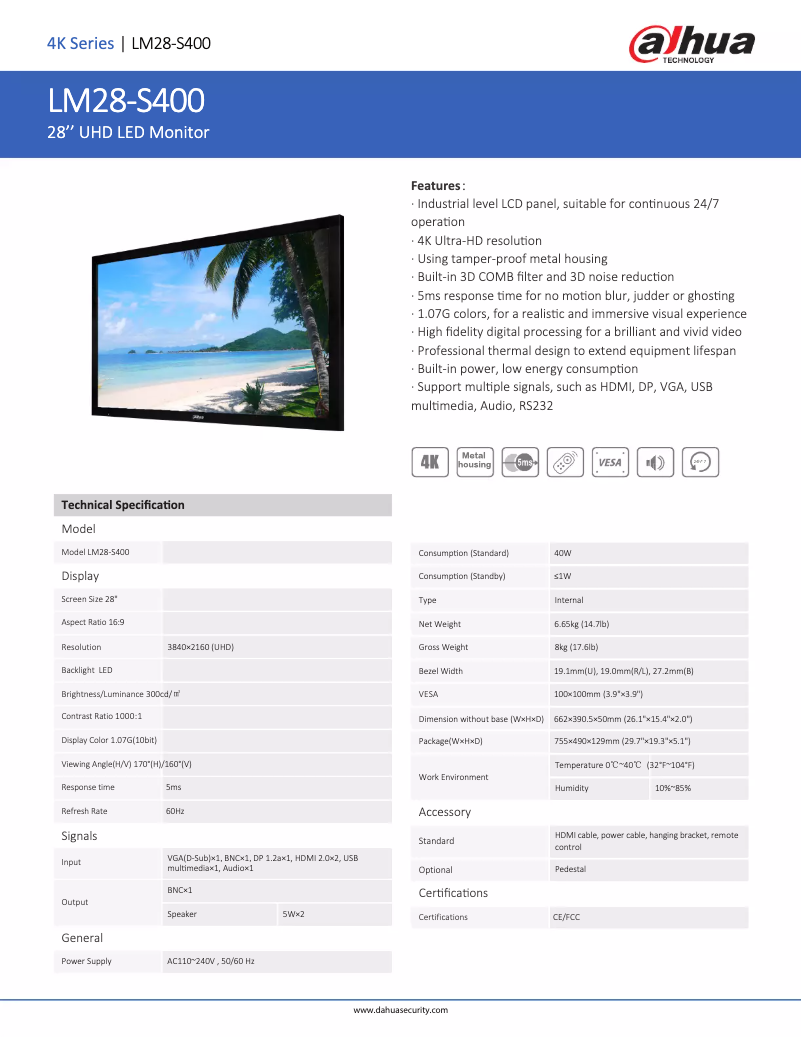 Page 1 de la notice Fiche technique Dahua Technology LM28-S400