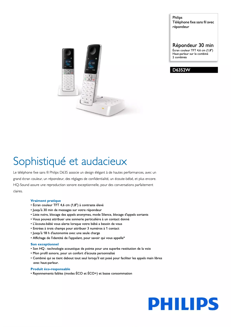 Page 1 of the manual Technical Sheet Philips D6352W