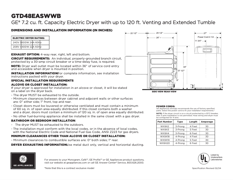 Page 1 de la notice Fiche technique GE GTD48EASWWB