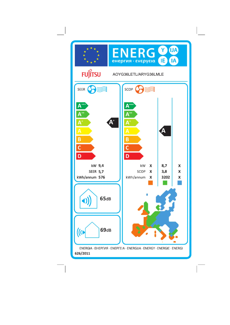 Page 1 de la notice Label énergétique Fujitsu ARYG36LMLE