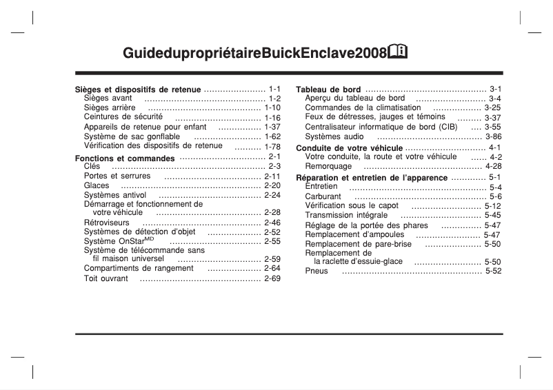 Page 1 de la notice Manuel utilisateur Buick Enclave (2008)
