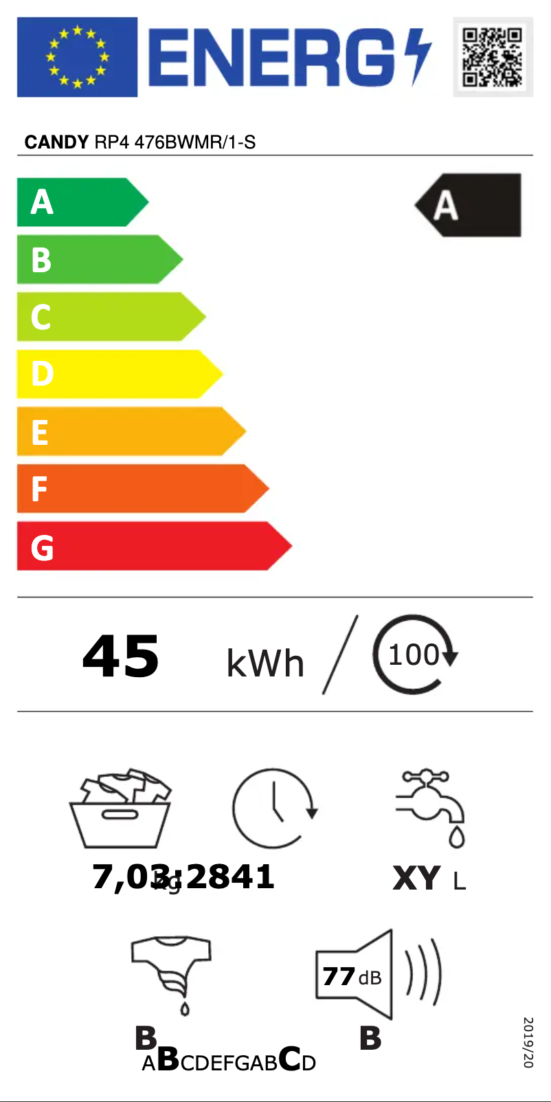 Page n°1 - Label énergétique Candy RP4 476BWMR/1-S