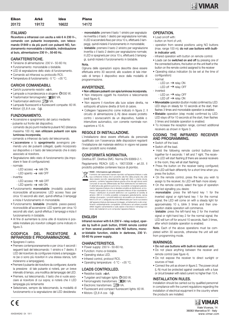 Page 1 de la notice Manuel utilisateur Vimar 20172.N