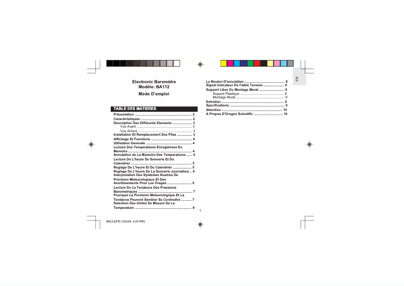 Page 1 de la notice Manuel utilisateur Oregon Scientific BA112