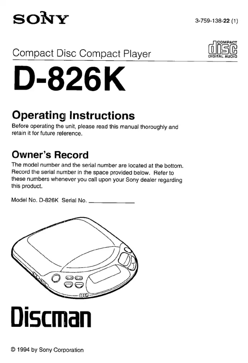 Page 1 de la notice Manuel utilisateur Sony Discman D-826K