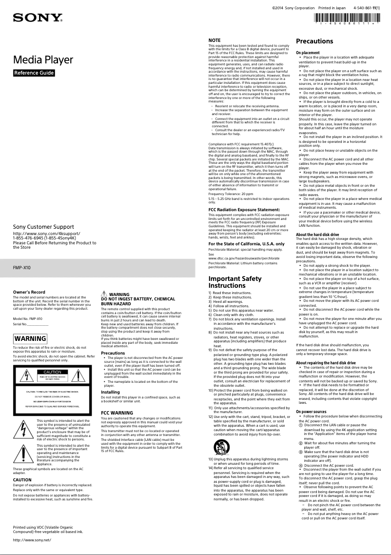 Page 1 de la notice Manuel utilisateur Sony FMP-X10