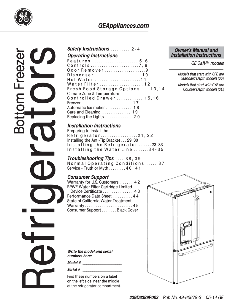 Page 1 de la notice Manuel d'utilisation et d'entretien GE CFE29TSDSS