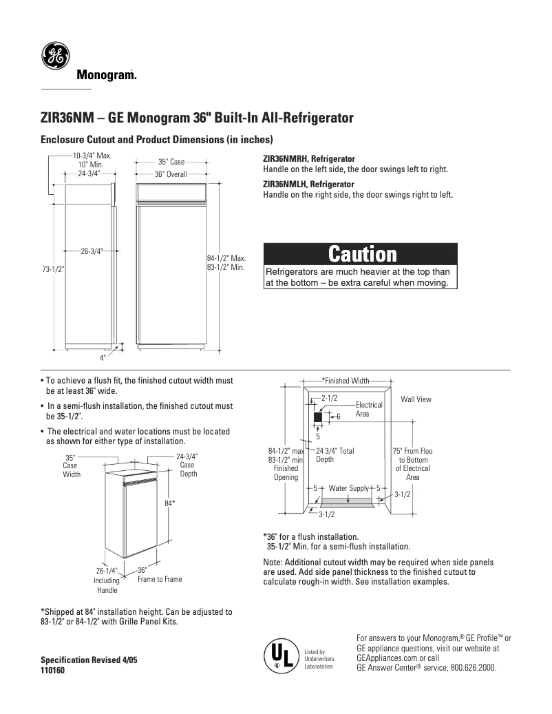 Page n°1 - Fiche technique GE ZIR36NMLH
