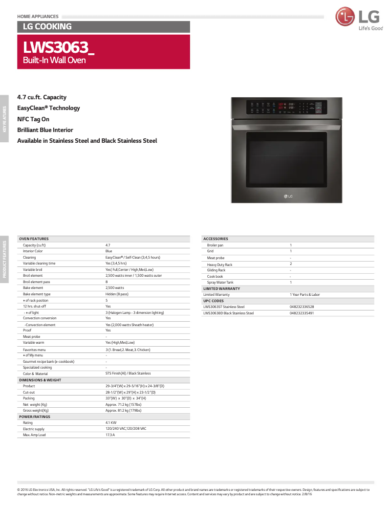 Page 1 de la notice Fiche technique LG LWS3063ST