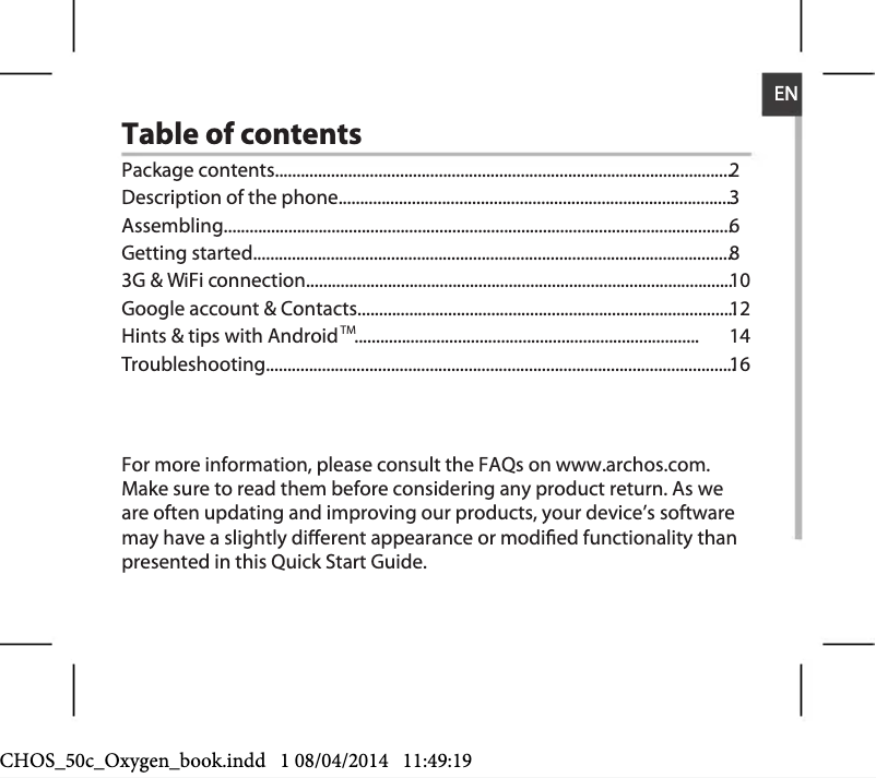 Page 1 de la notice Manuel utilisateur Archos Oxygen 50c