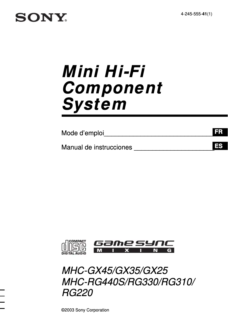 Page 1 de la notice Manuel utilisateur Sony MHC-RG330