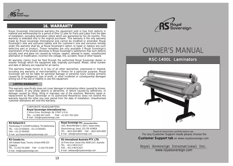 Page n°1 - Manuel utilisateur Royal Sovereign RSC-1400L