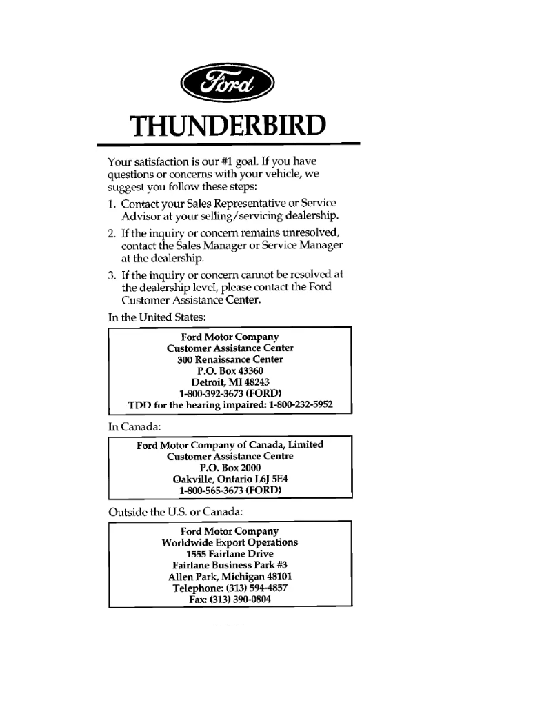 Page 1 de la notice Manuel utilisateur Ford Thunderbird (1997)