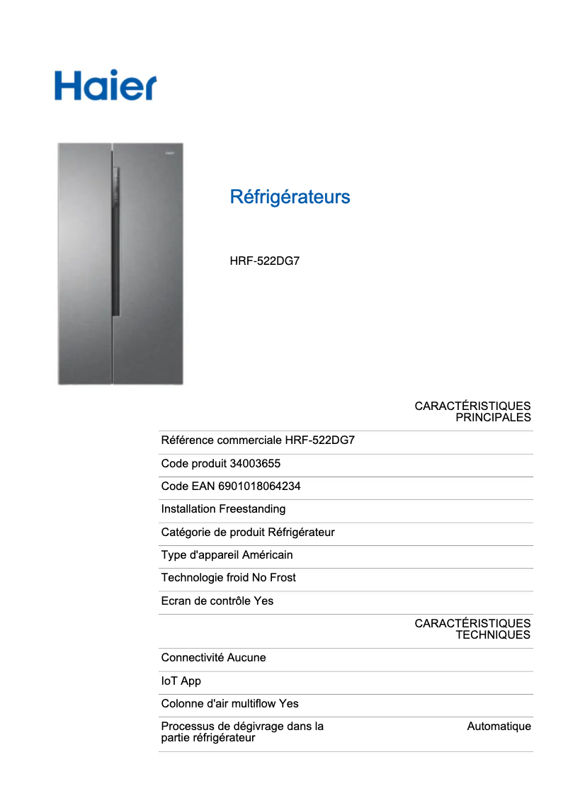 Page 1 de la notice Fiche technique Haier HRF-522DG7