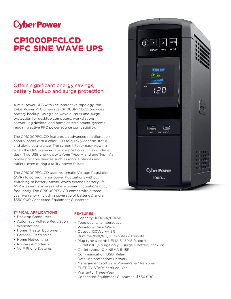 Page n°1 - Fiche technique CyberPower CP1000PFCLCD