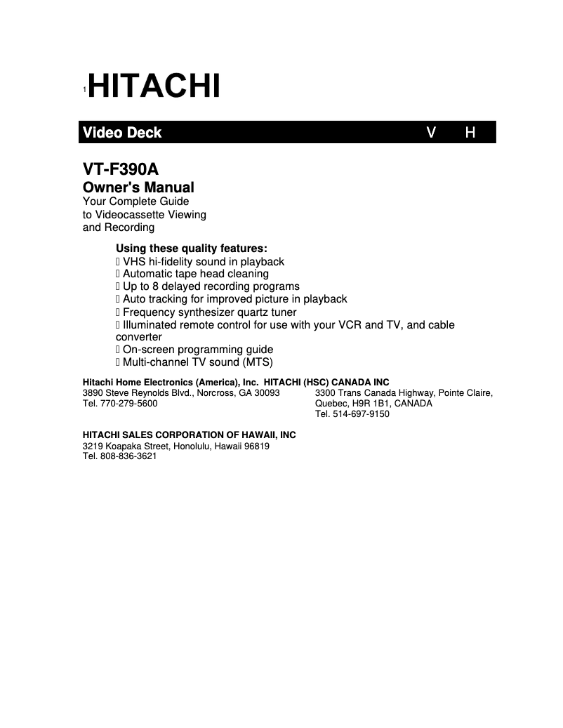 Page 1 de la notice Manuel utilisateur Hitachi VT-F390A