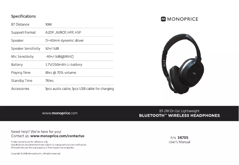 Page 1 de la notice Manuel utilisateur Monoprice BT-210