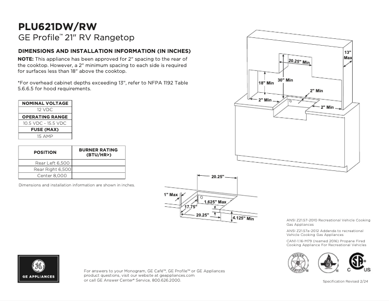 Page 1 of the manual Technical Sheet GE Profile PLU621RWSS